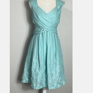 Dressbarn 100% Cotton Aqua Eyelet Embroidery Tie-Back Sleeveless Dress size 4